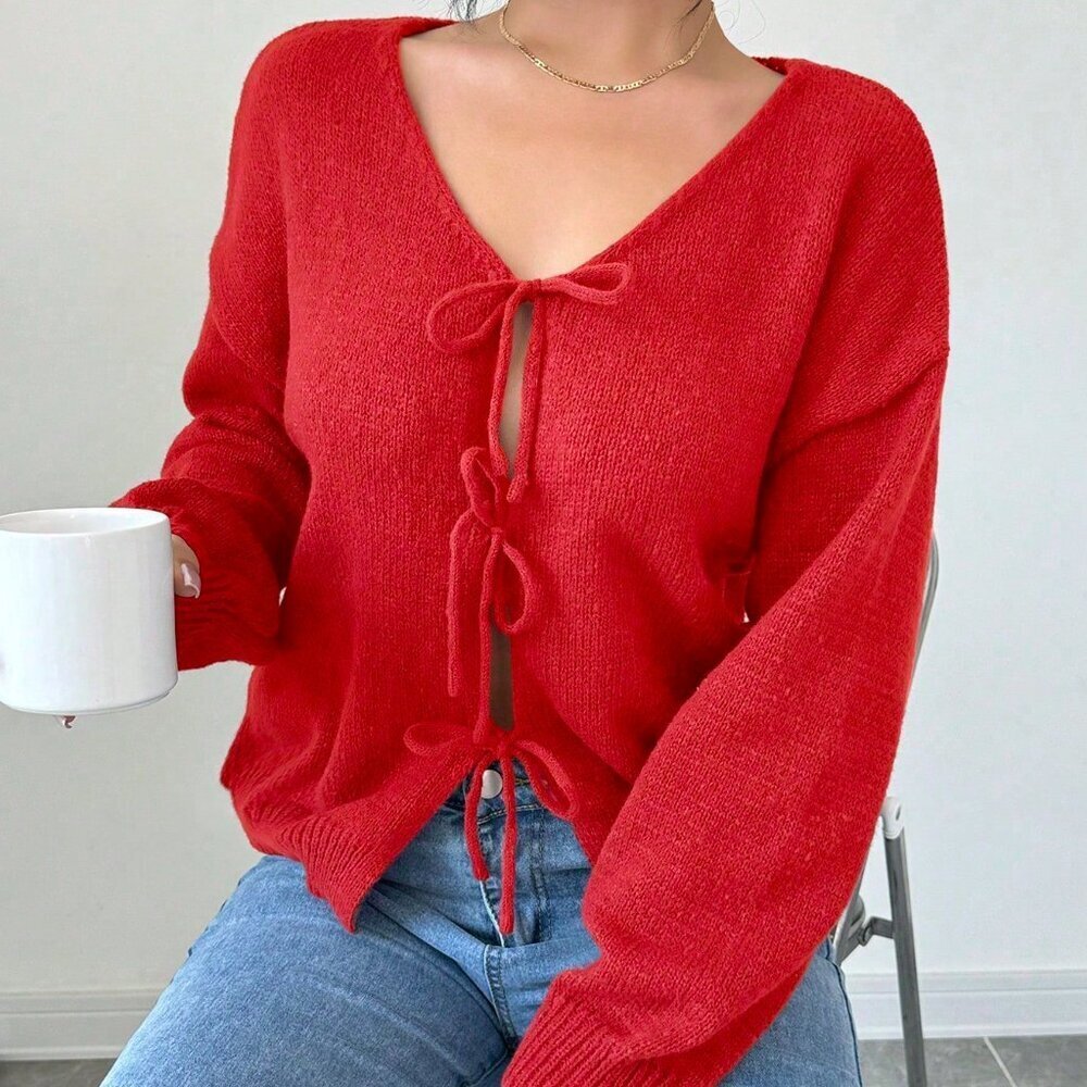 Red Casual Women's Front Tie Long Sleeve Blouse - Picture 5 of 6